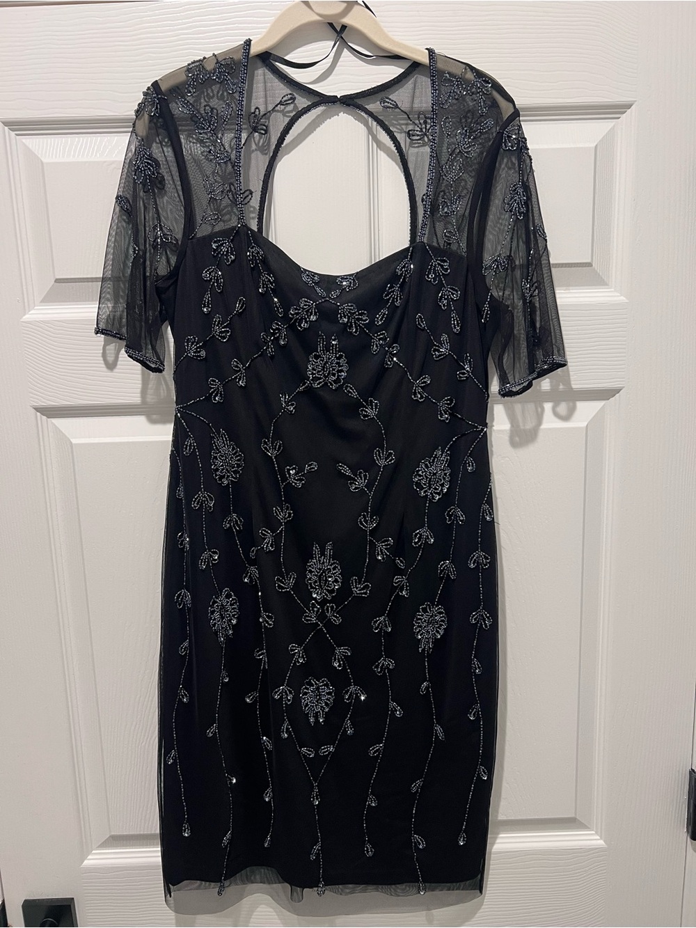 Adrianna Papell Black Beaded Midi Dress with Sheer Overlay